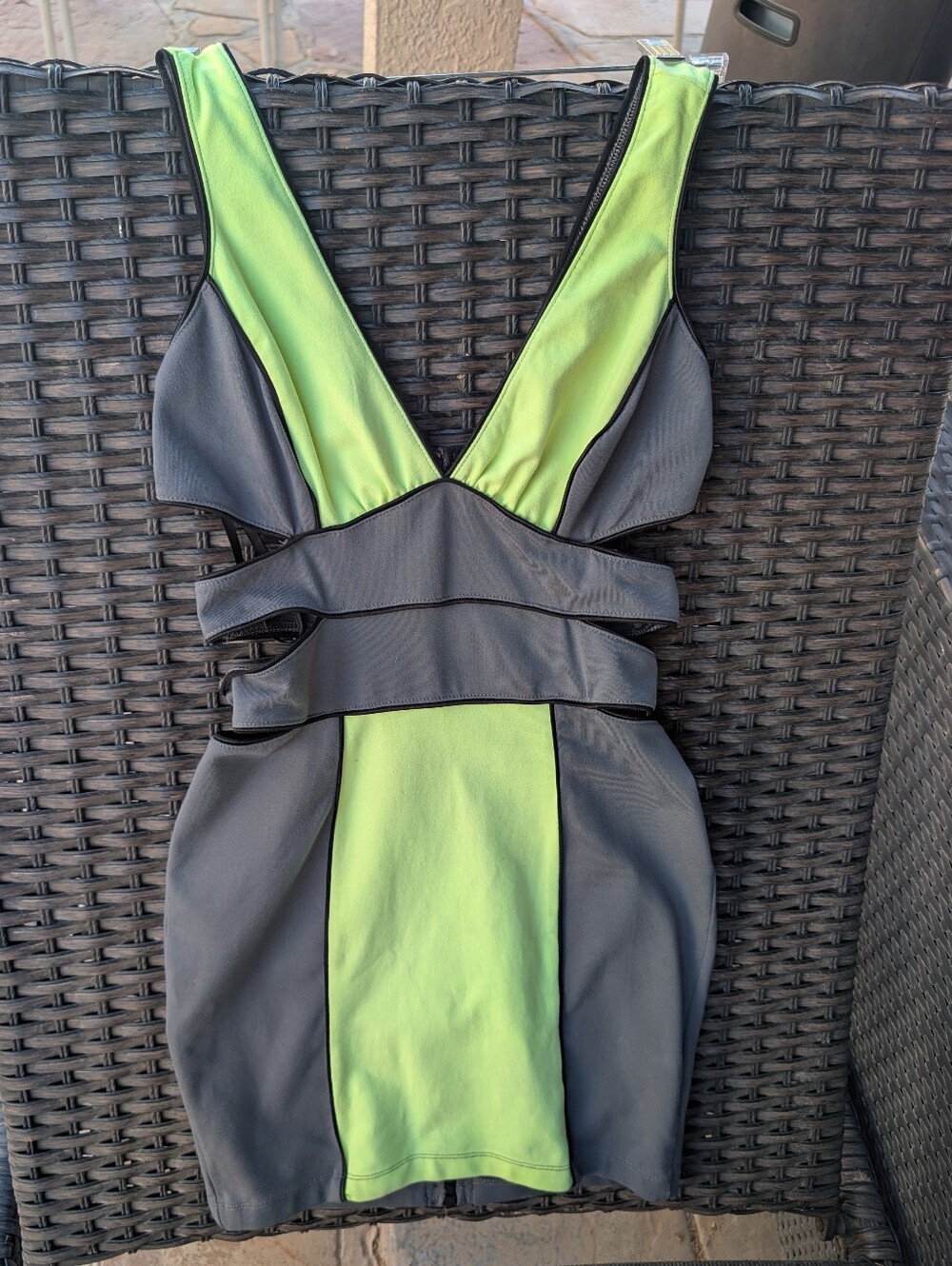 Bebe Sexy V-Neck Colorblock Bodycon Dress in Neon Yellow and Grey, Size S